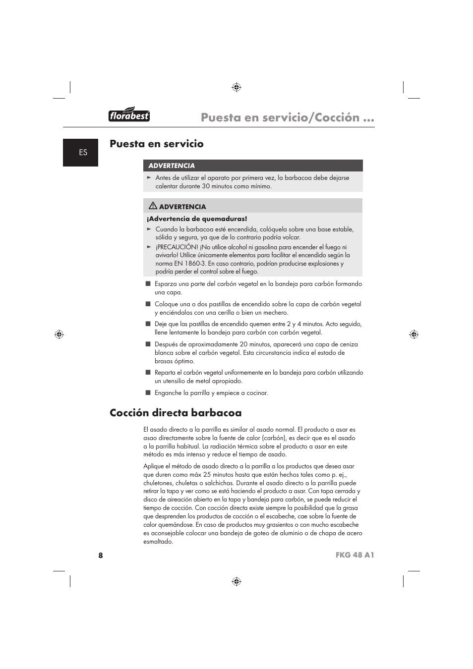 Puesta en servicio/cocción, Puesta en servicio, Cocción directa barbacoa | Florabest FKG 48 A1 User Manual | Page 10 / 62
