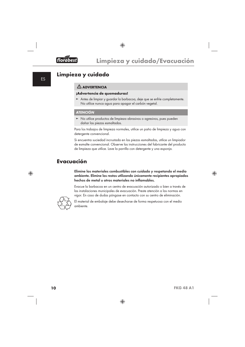 Limpieza y cuidado/evacuación, Limpieza y cuidado, Evacuación | Florabest FKG 48 A1 User Manual | Page 12 / 62