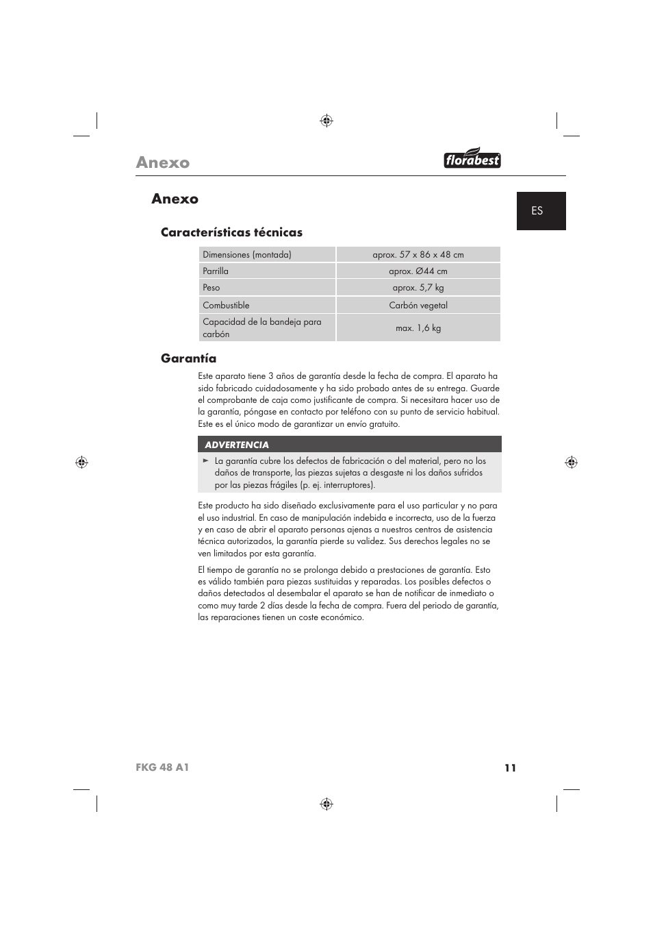 Anexo, Características técnicas, Garantía | Florabest FKG 48 A1 User Manual | Page 13 / 62