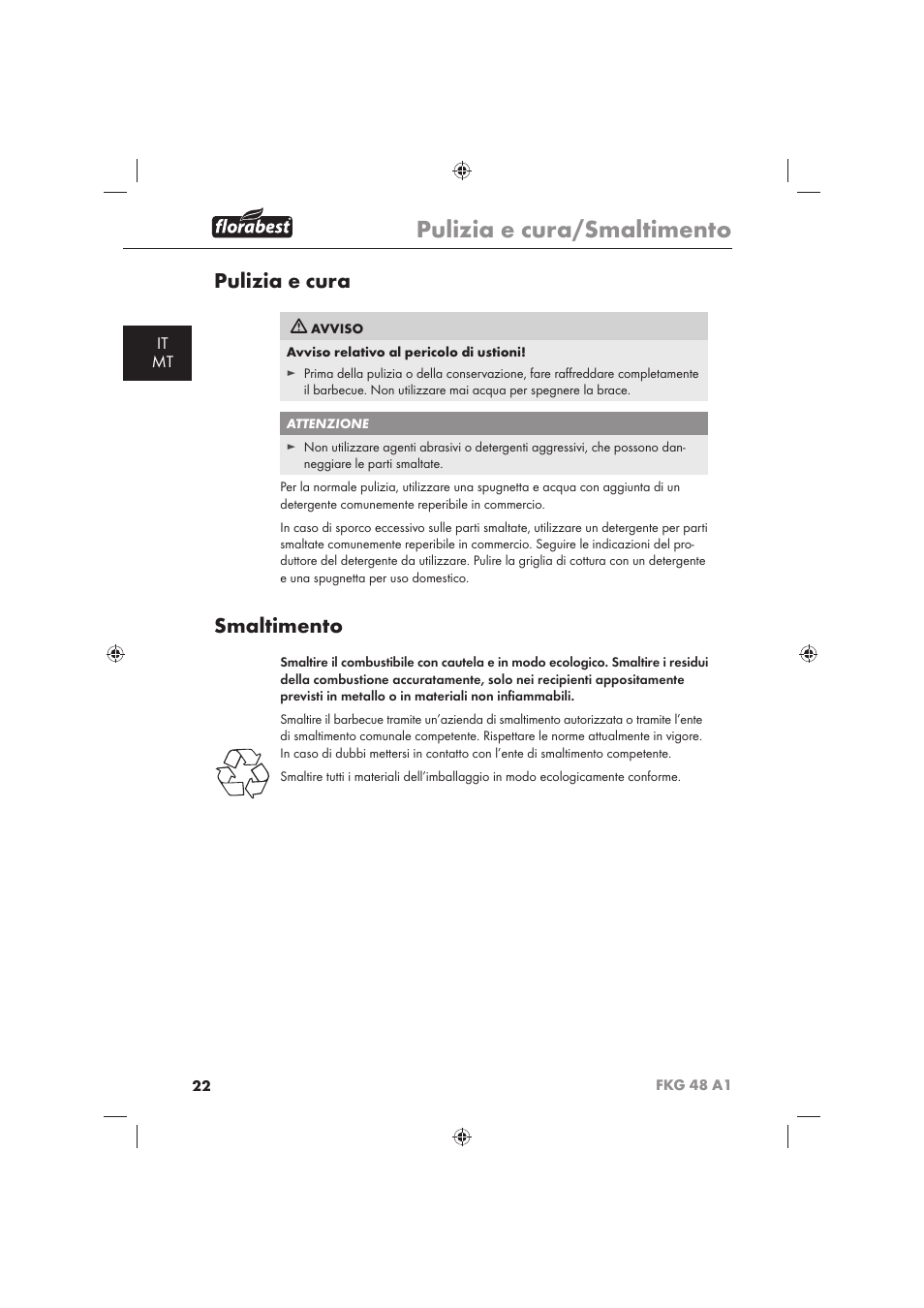 Pulizia e cura/smaltimento, Pulizia e cura, Smaltimento | It mt | Florabest FKG 48 A1 User Manual | Page 24 / 62