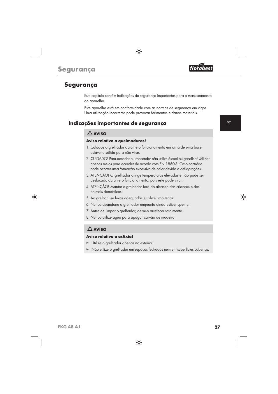 Segurança, Indicações importantes de segurança | Florabest FKG 48 A1 User Manual | Page 29 / 62