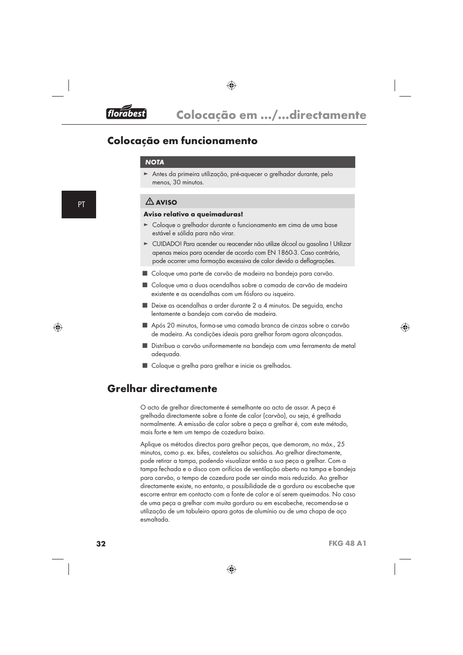 Colocação em …/…directamente, Colocação em funcionamento, Grelhar directamente | Florabest FKG 48 A1 User Manual | Page 34 / 62