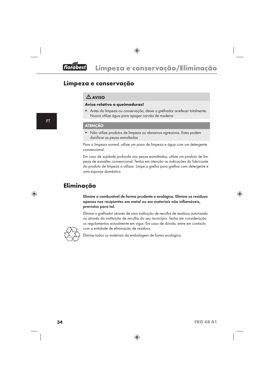 Limpeza e conservação/eliminação, Limpeza e conservação, Eliminação | Florabest FKG 48 A1 User Manual | Page 36 / 62