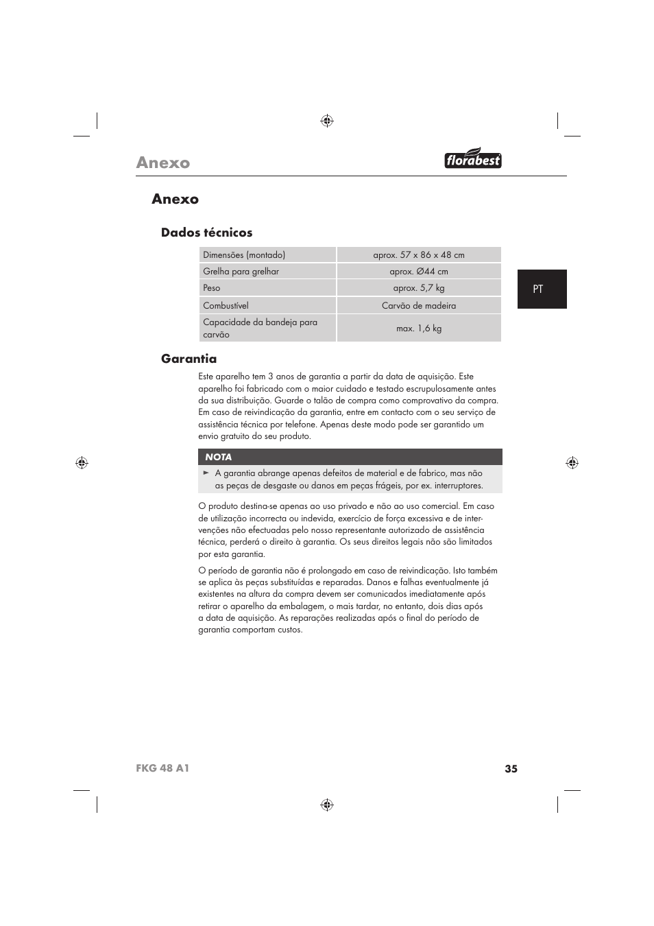 Anexo, Dados técnicos, Garantia | Florabest FKG 48 A1 User Manual | Page 37 / 62