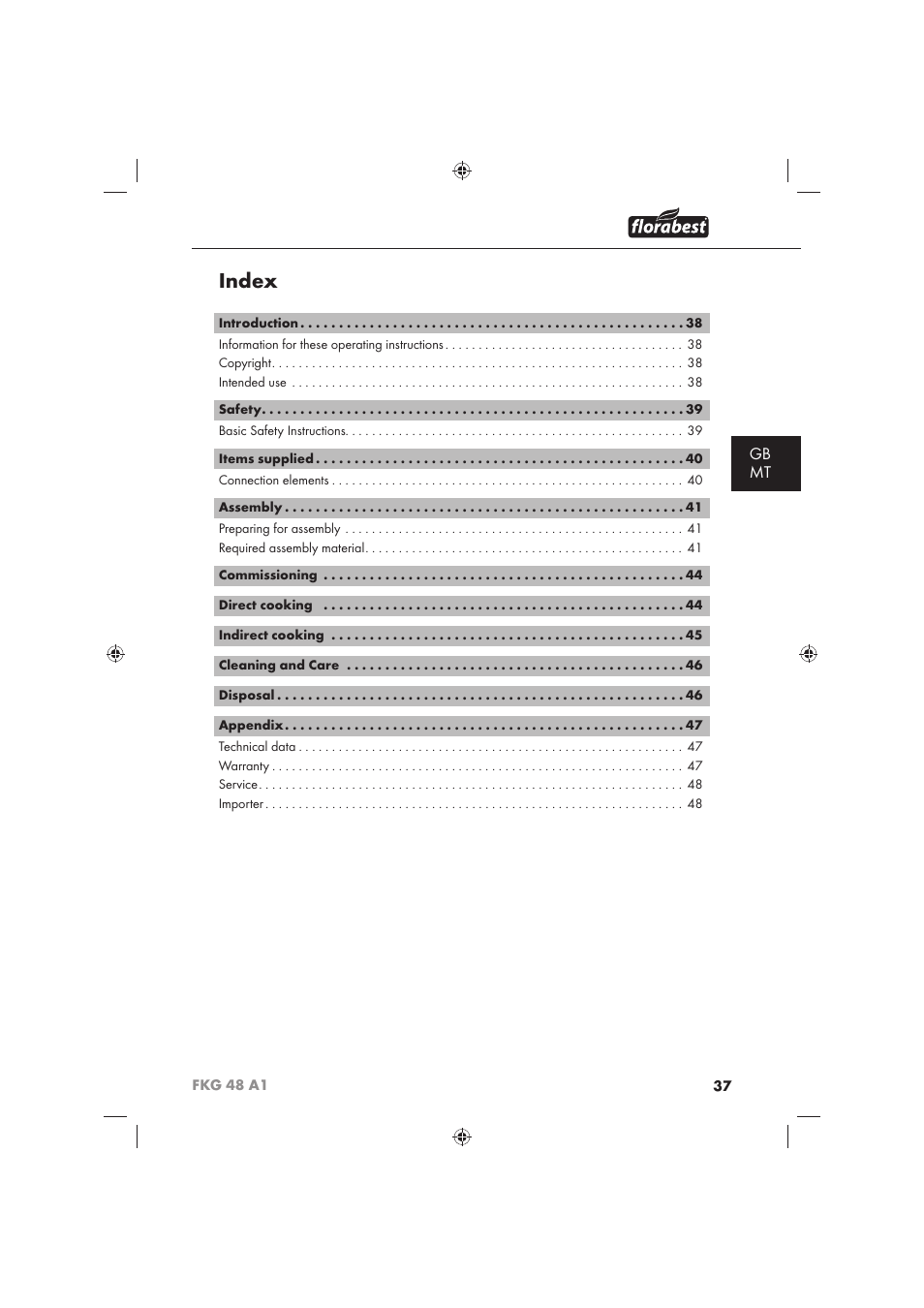 Index, Gb mt | Florabest FKG 48 A1 User Manual | Page 39 / 62