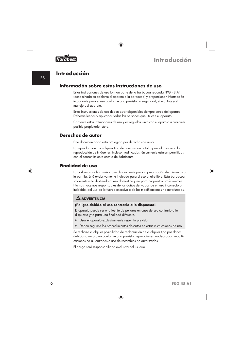 Introducción, Información sobre estas instrucciones de uso, Derechos de autor | Finalidad de uso | Florabest FKG 48 A1 User Manual | Page 4 / 62