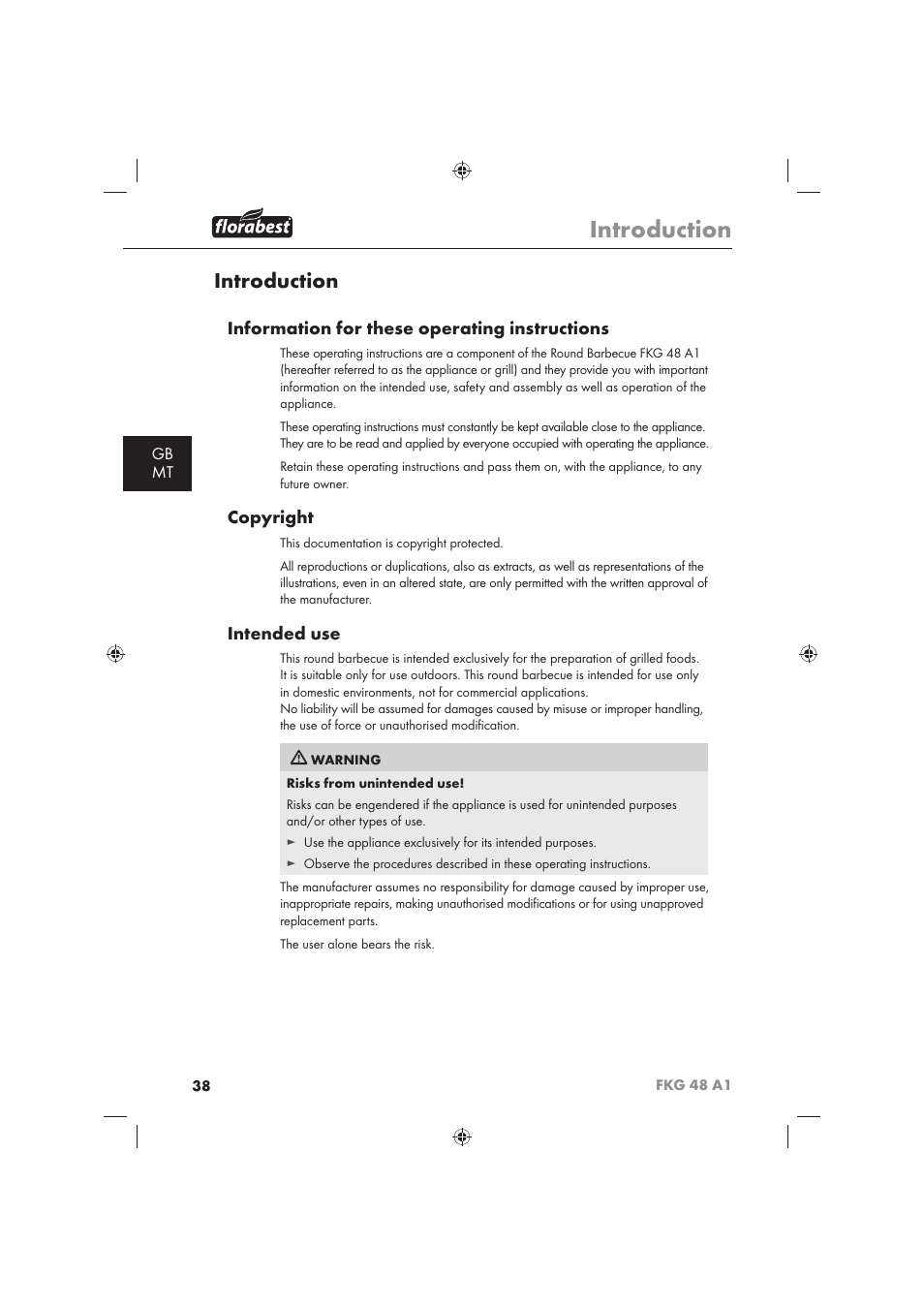 Introduction, Information for these operating instructions, Copyright | Intended use, Gb mt | Florabest FKG 48 A1 User Manual | Page 40 / 62
