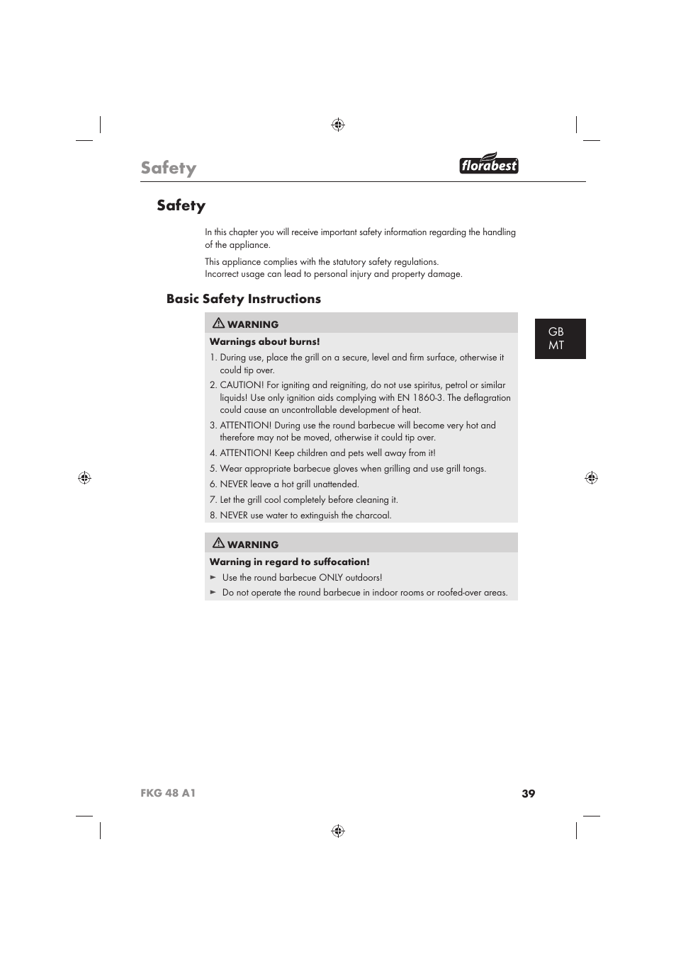 Safety, Basic safety instructions, Gb mt | Florabest FKG 48 A1 User Manual | Page 41 / 62