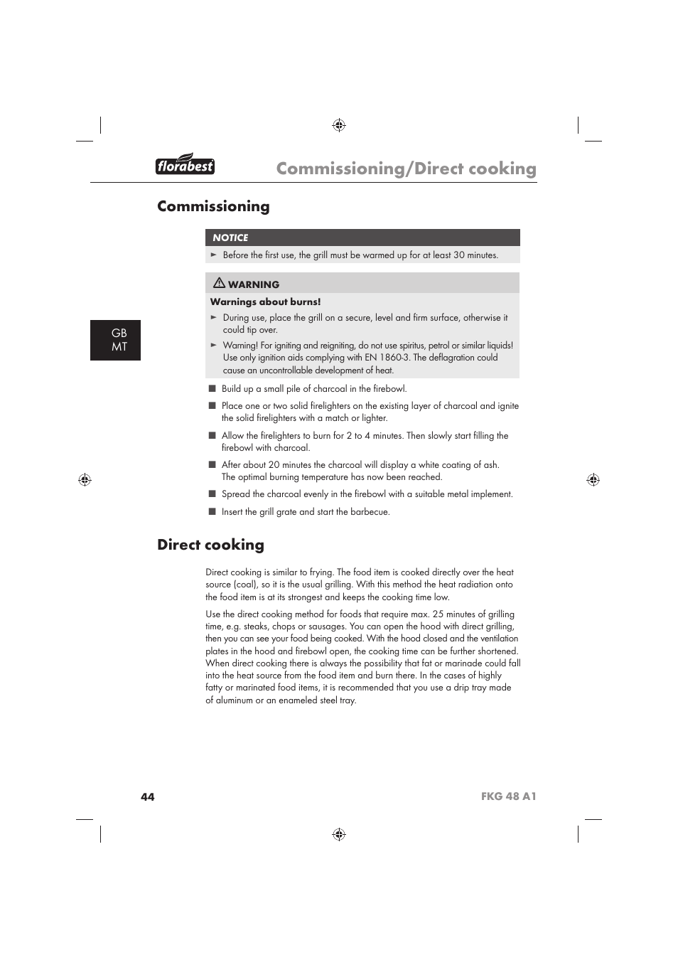 Commissioning/direct cooking, Commissioning, Direct cooking | Gb mt | Florabest FKG 48 A1 User Manual | Page 46 / 62