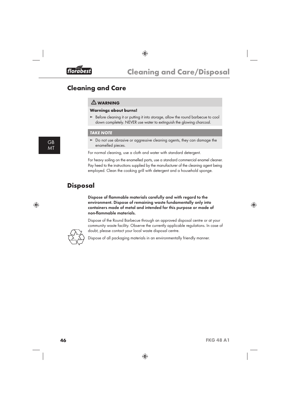 Cleaning and care/disposal, Cleaning and care, Disposal | Gb mt | Florabest FKG 48 A1 User Manual | Page 48 / 62