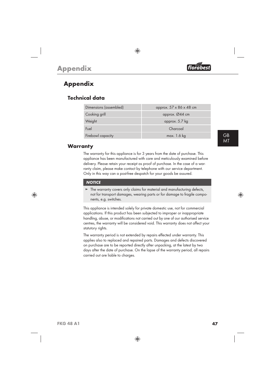Appendix, Technical data, Warranty | Gb mt | Florabest FKG 48 A1 User Manual | Page 49 / 62