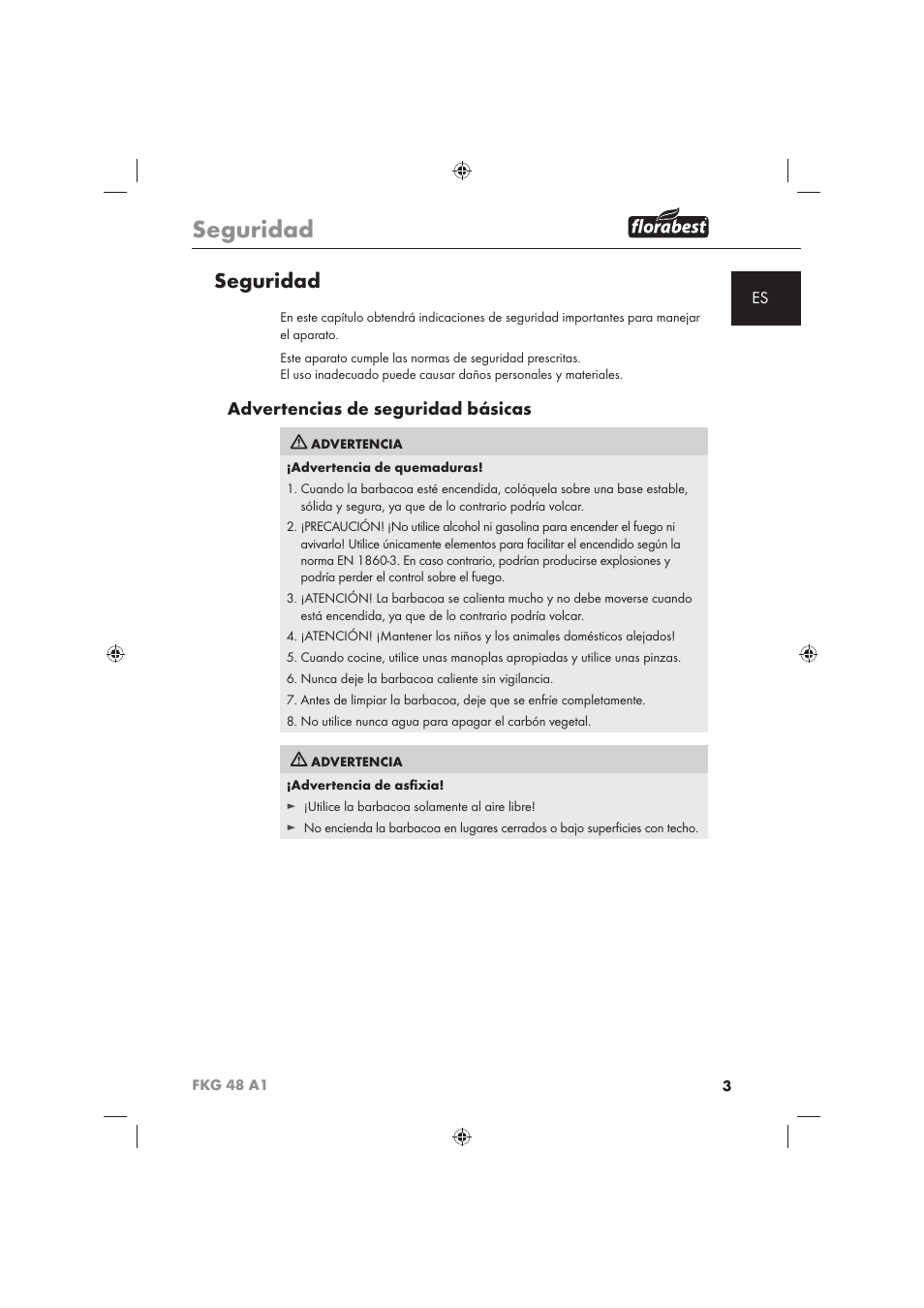 Seguridad, Advertencias de seguridad básicas | Florabest FKG 48 A1 User Manual | Page 5 / 62