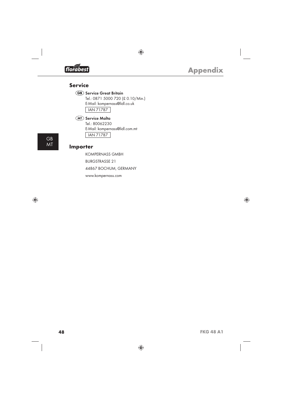 Appendix, Service, Importer | Gb mt | Florabest FKG 48 A1 User Manual | Page 50 / 62