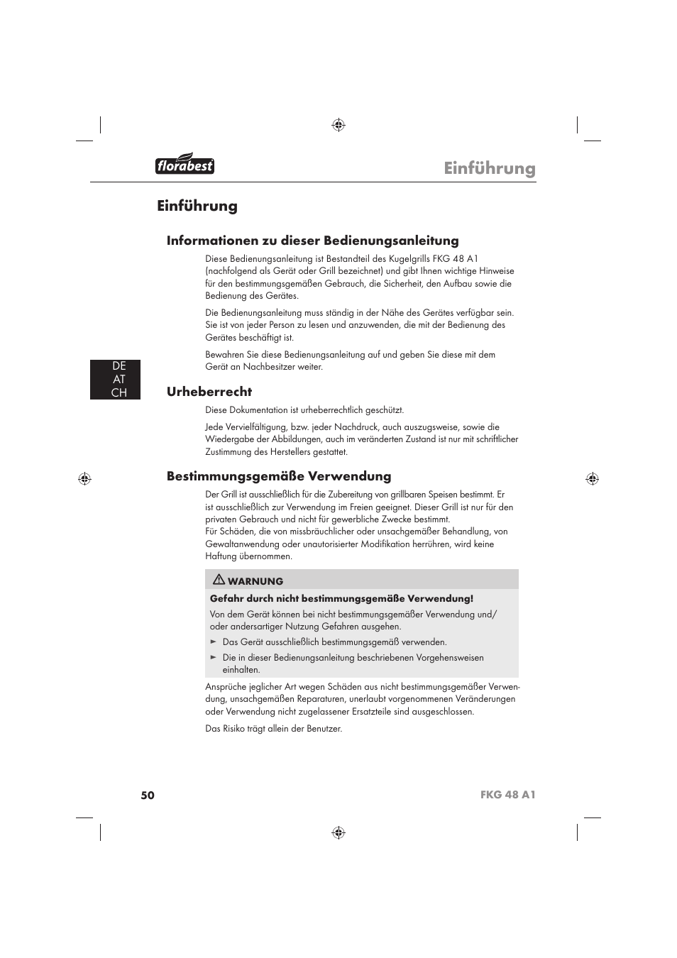 Einführung, Informationen zu dieser bedienungsanleitung, Urheberrecht | Bestimmungsgemäße verwendung, De at ch | Florabest FKG 48 A1 User Manual | Page 52 / 62