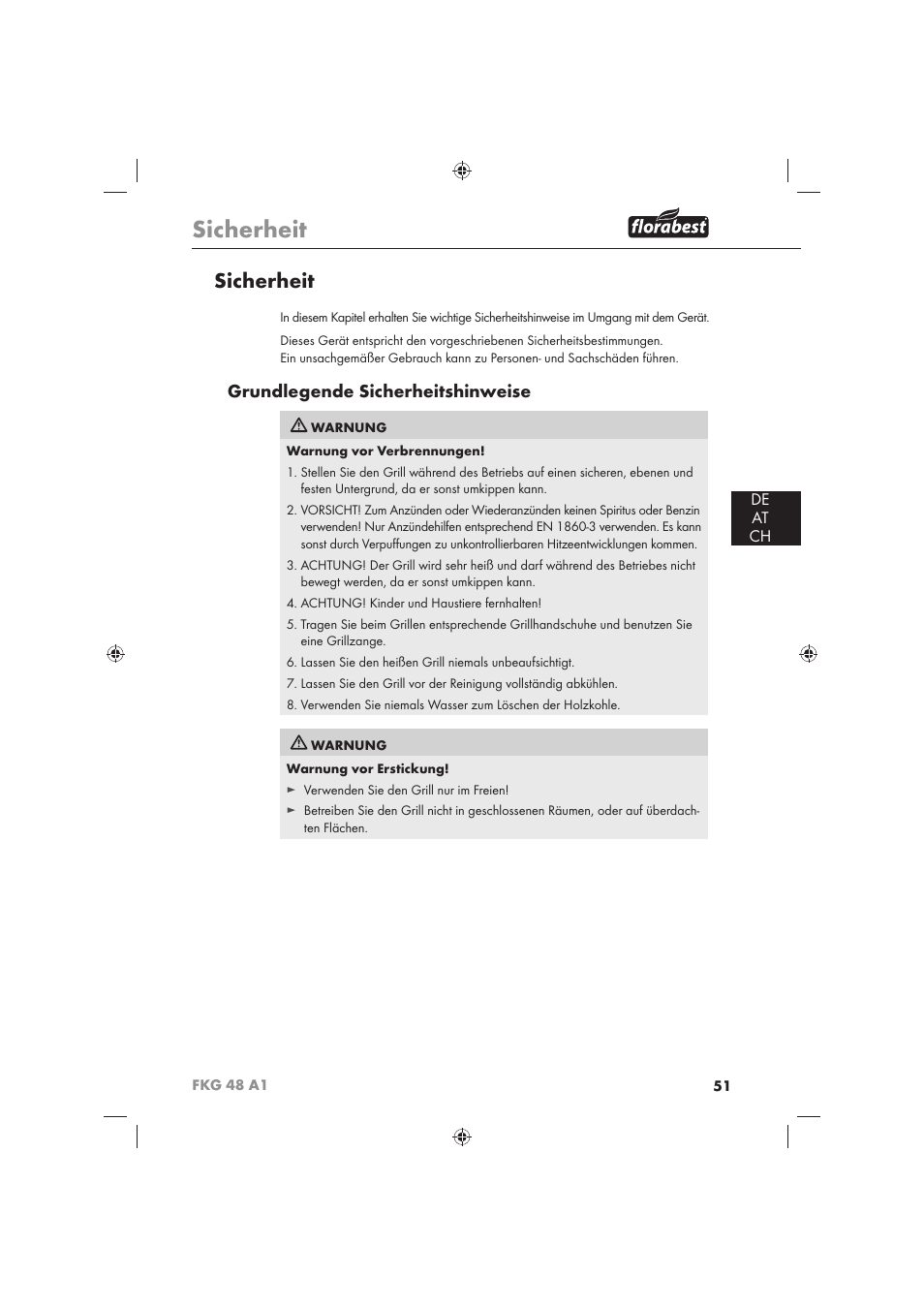 Sicherheit, Grundlegende sicherheitshinweise, De at ch | Florabest FKG 48 A1 User Manual | Page 53 / 62
