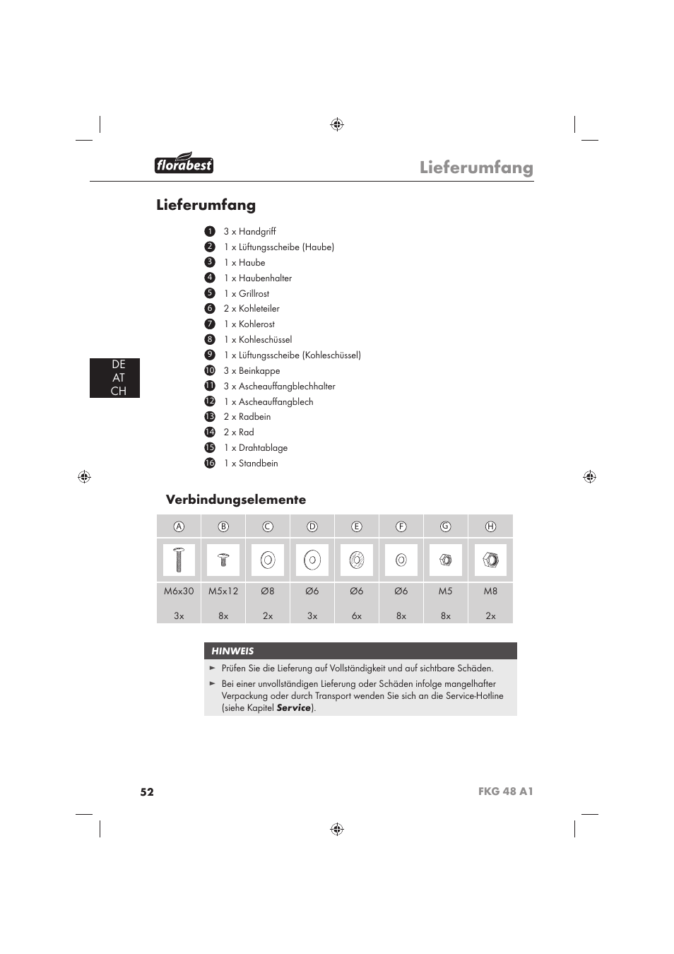 Lieferumfang, Verbindungselemente, De at ch | Florabest FKG 48 A1 User Manual | Page 54 / 62