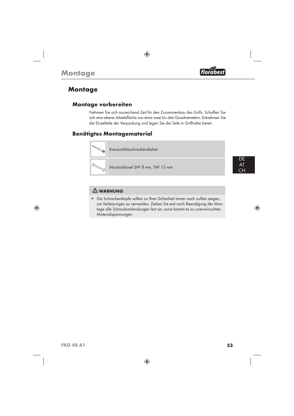 Montage, Montage vorbereiten, Benötigtes montagematerial | De at ch | Florabest FKG 48 A1 User Manual | Page 55 / 62