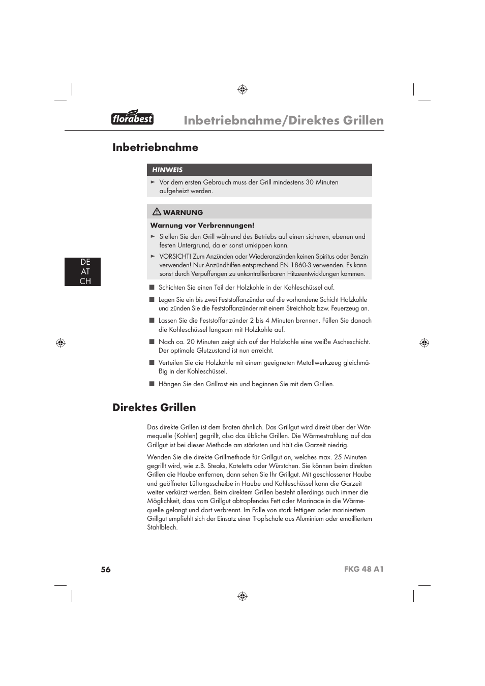 Inbetriebnahme/direktes grillen, Inbetriebnahme, Direktes grillen | De at ch | Florabest FKG 48 A1 User Manual | Page 58 / 62