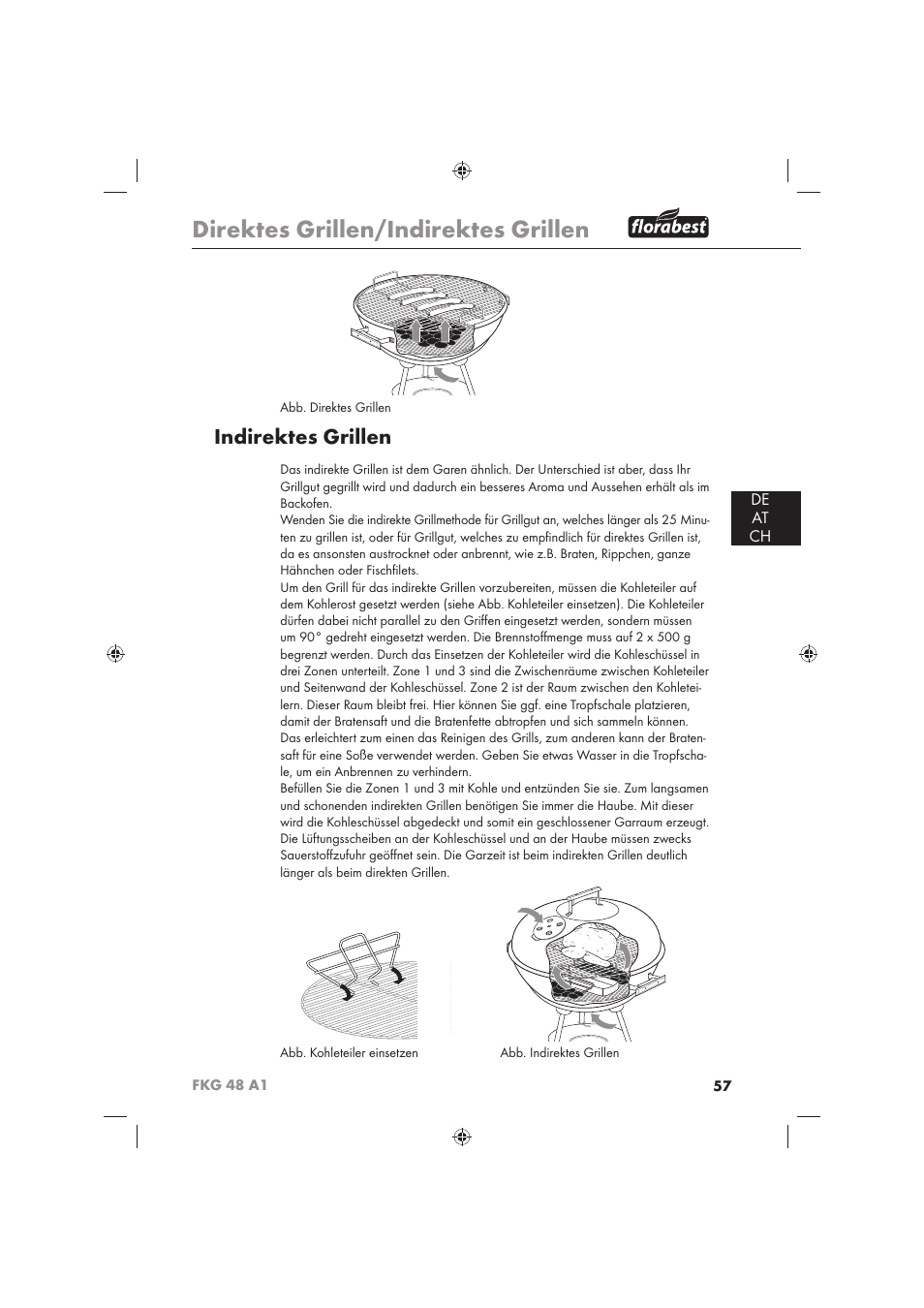 Direktes grillen/indirektes grillen, Indirektes grillen, De at ch | Florabest FKG 48 A1 User Manual | Page 59 / 62