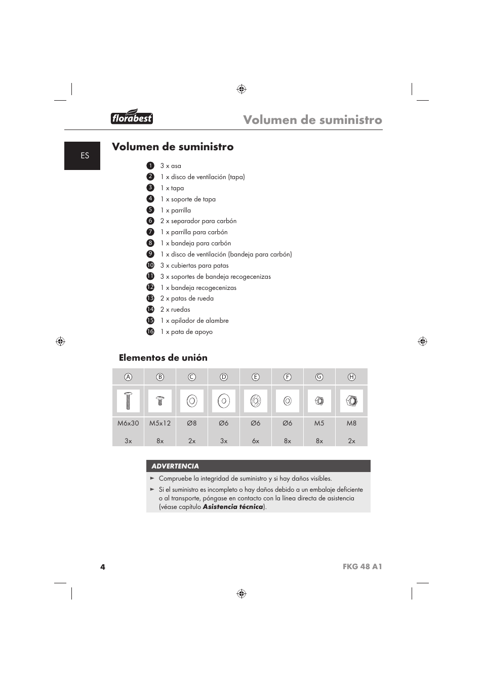 Volumen de suministro, Elementos de unión | Florabest FKG 48 A1 User Manual | Page 6 / 62