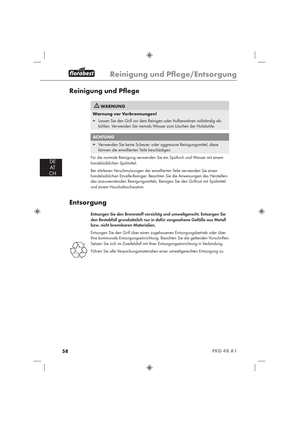Reinigung und pﬂ ege/entsorgung, Reinigung und pﬂ ege, Entsorgung | De at ch | Florabest FKG 48 A1 User Manual | Page 60 / 62