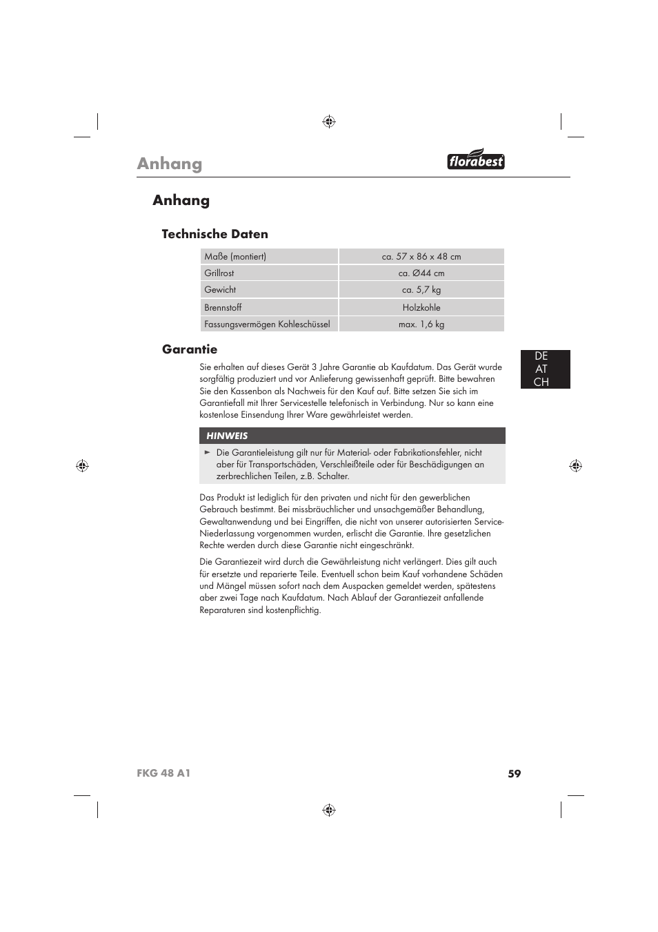 Anhang, Technische daten, Garantie | De at ch | Florabest FKG 48 A1 User Manual | Page 61 / 62
