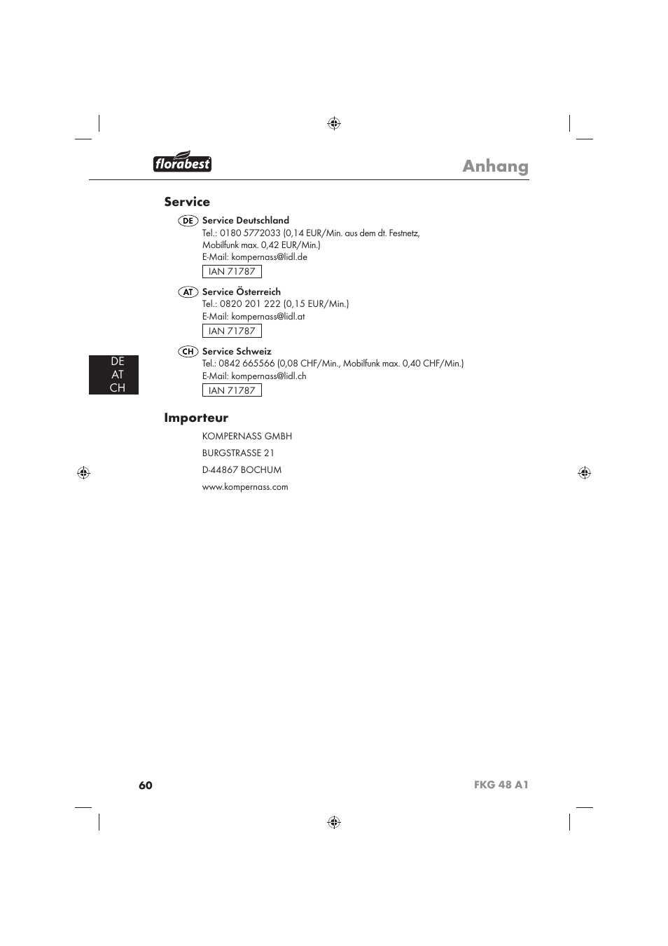 Anhang, Service, Importeur | De at ch | Florabest FKG 48 A1 User Manual | Page 62 / 62