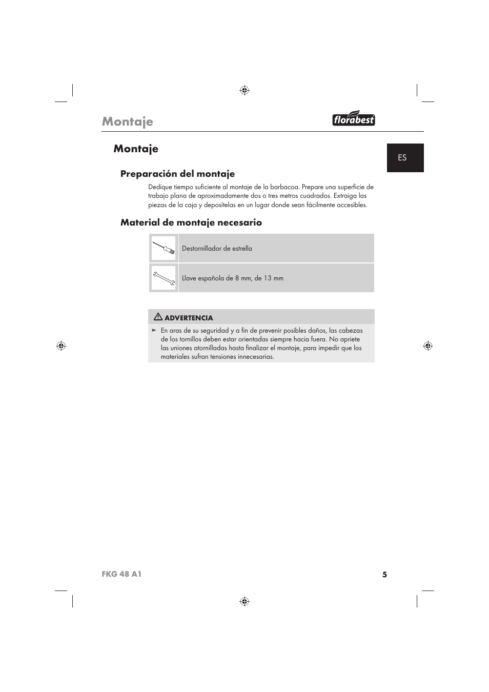 Montaje, Preparación del montaje, Material de montaje necesario | Florabest FKG 48 A1 User Manual | Page 7 / 62