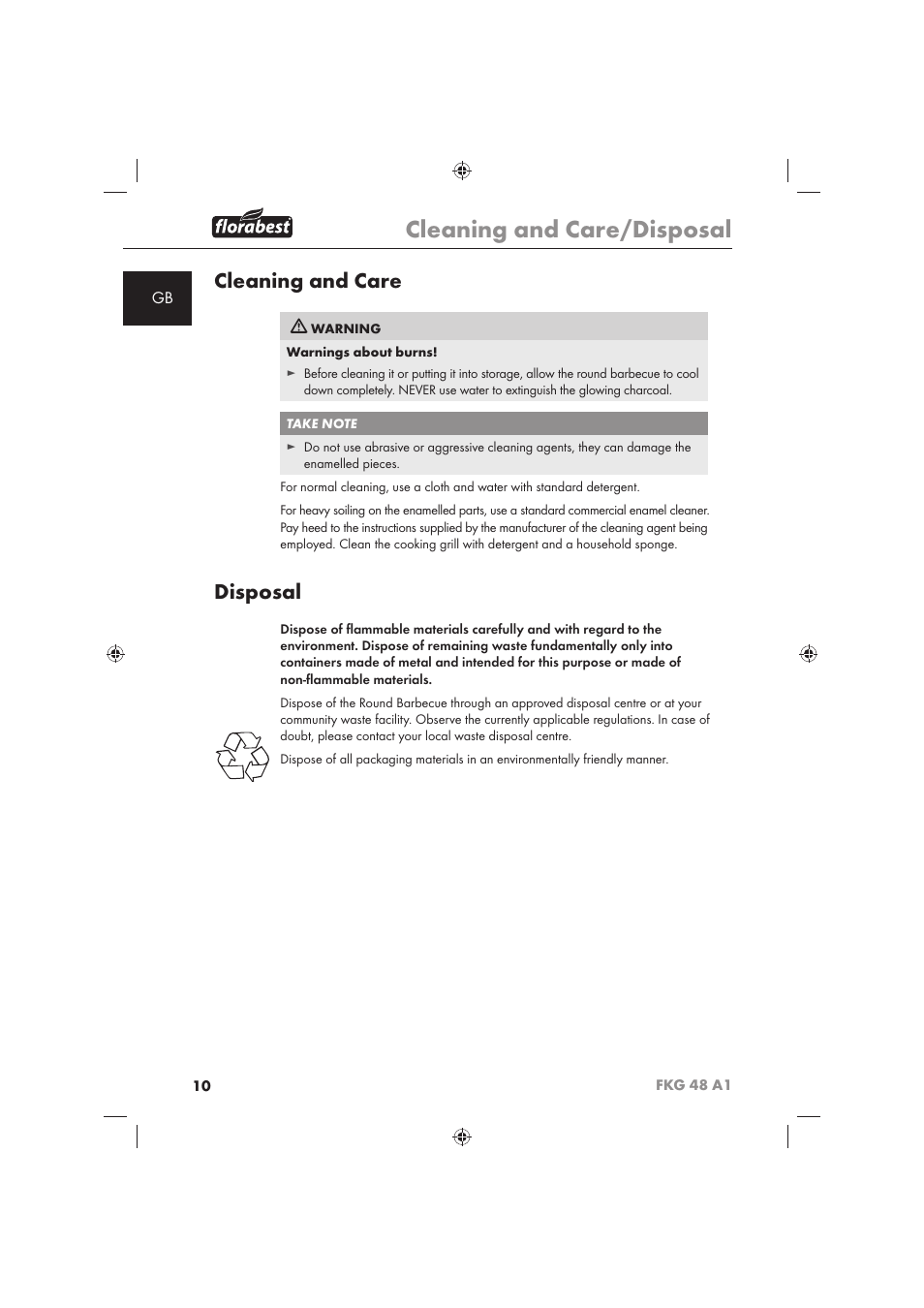 Cleaning and care/disposal, Cleaning and care, Disposal | Florabest FKG 48 A1 User Manual | Page 12 / 86