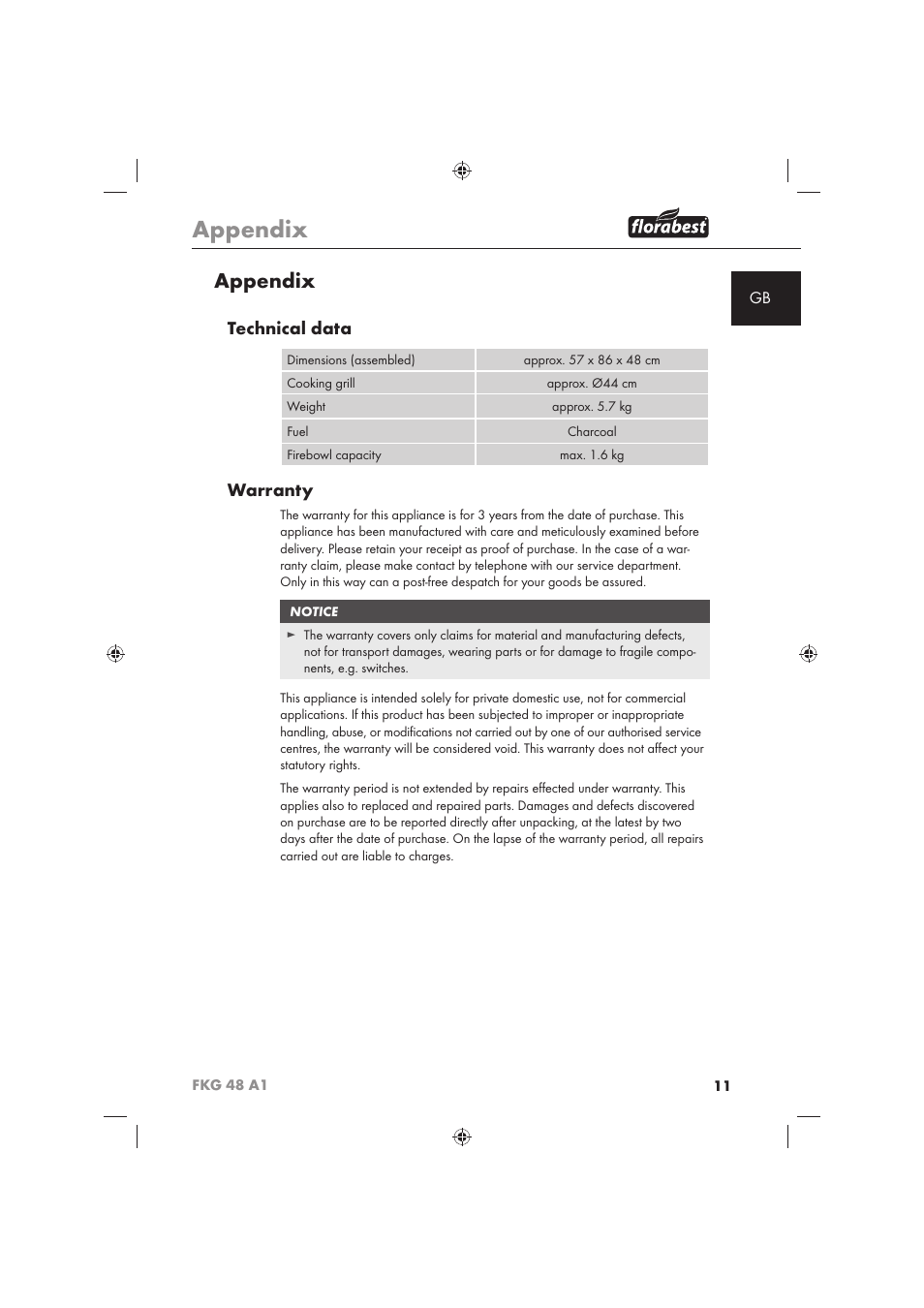 Appendix, Technical data, Warranty | Florabest FKG 48 A1 User Manual | Page 13 / 86