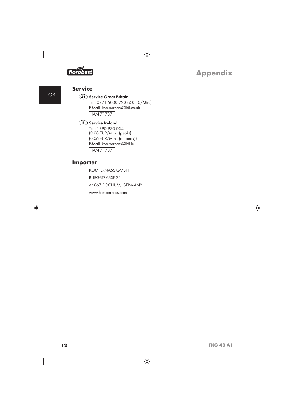 Appendix, Service, Importer | Florabest FKG 48 A1 User Manual | Page 14 / 86