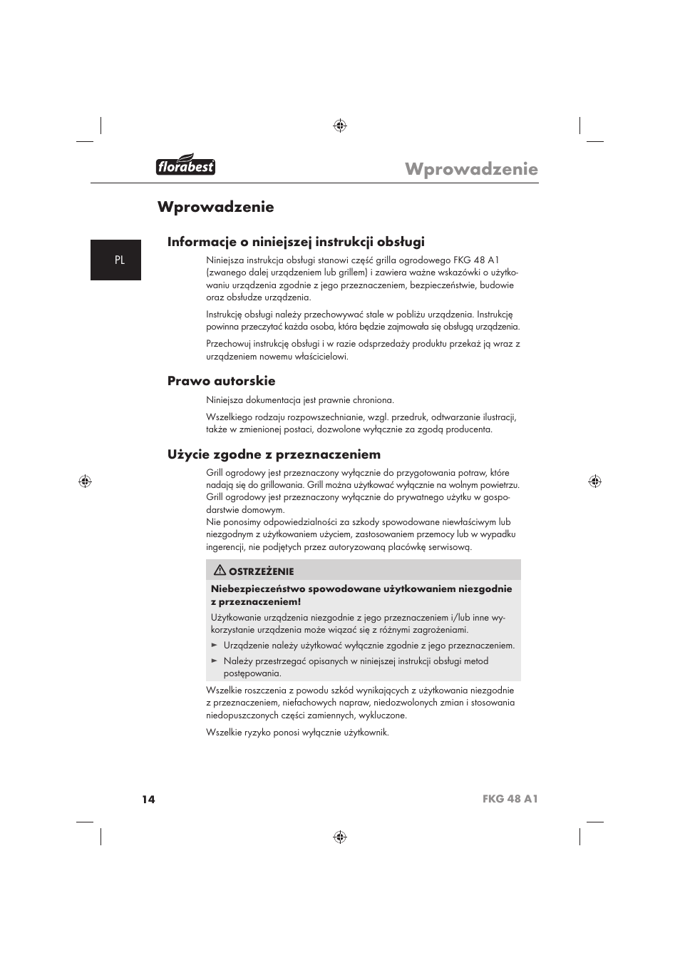 Wprowadzenie, Informacje o niniejszej instrukcji obsługi, Prawo autorskie | Użycie zgodne z przeznaczeniem | Florabest FKG 48 A1 User Manual | Page 16 / 86