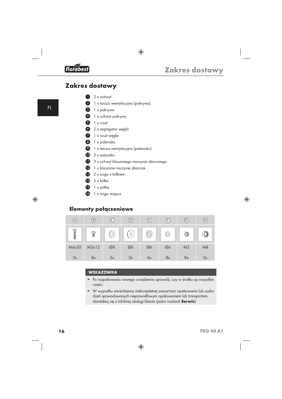 Zakres dostawy, Elementy połączeniowe | Florabest FKG 48 A1 User Manual | Page 18 / 86