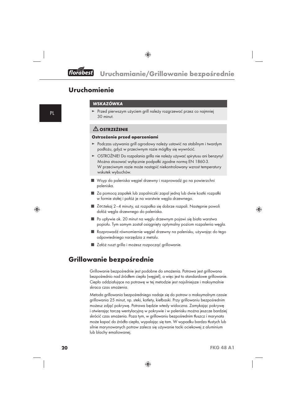 Uruchamianie/grillowanie bezpośrednie, Uruchomienie, Grillowanie bezpośrednie | Florabest FKG 48 A1 User Manual | Page 22 / 86