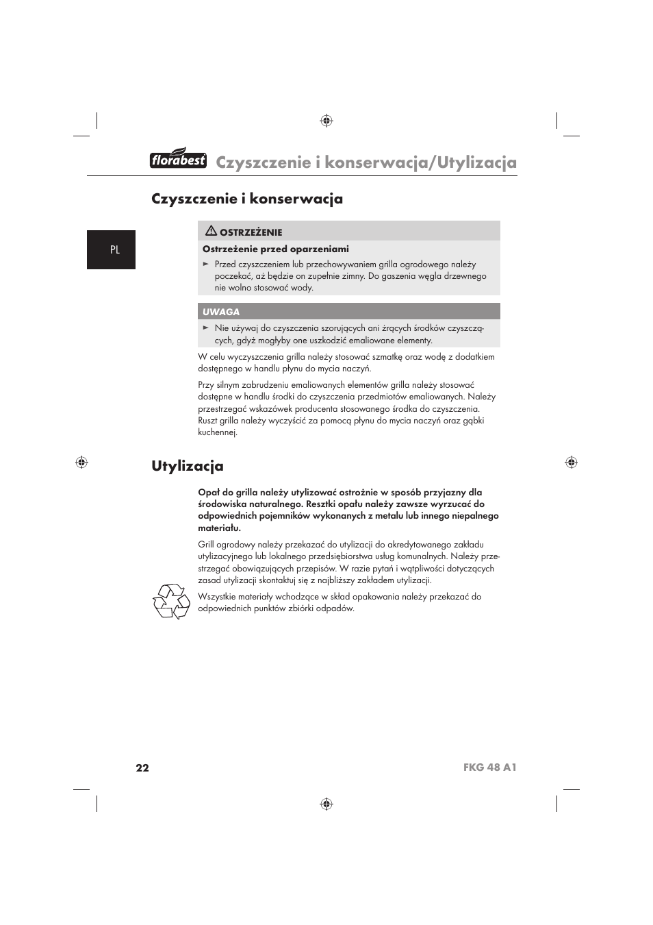 Czyszczenie i konserwacja/utylizacja, Czyszczenie i konserwacja, Utylizacja | Florabest FKG 48 A1 User Manual | Page 24 / 86