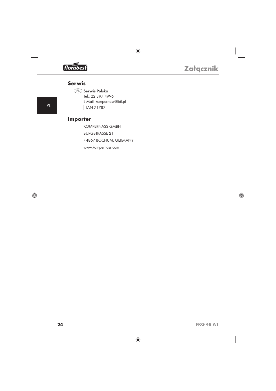 Załącznik, Serwis, Importer | Florabest FKG 48 A1 User Manual | Page 26 / 86