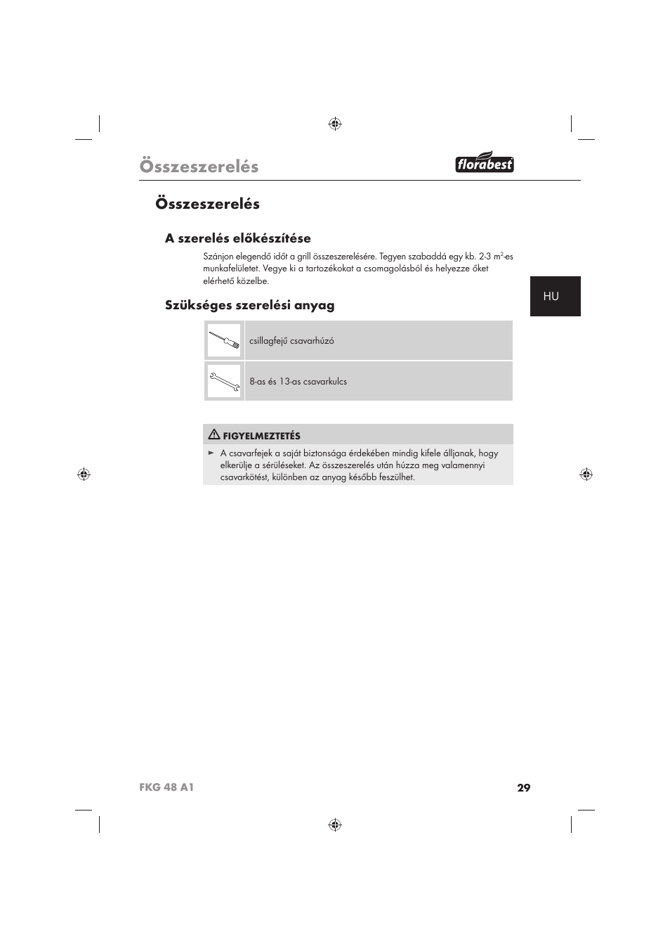 Összeszerelés, A szerelés előkészítése, Szükséges szerelési anyag | Florabest FKG 48 A1 User Manual | Page 31 / 86