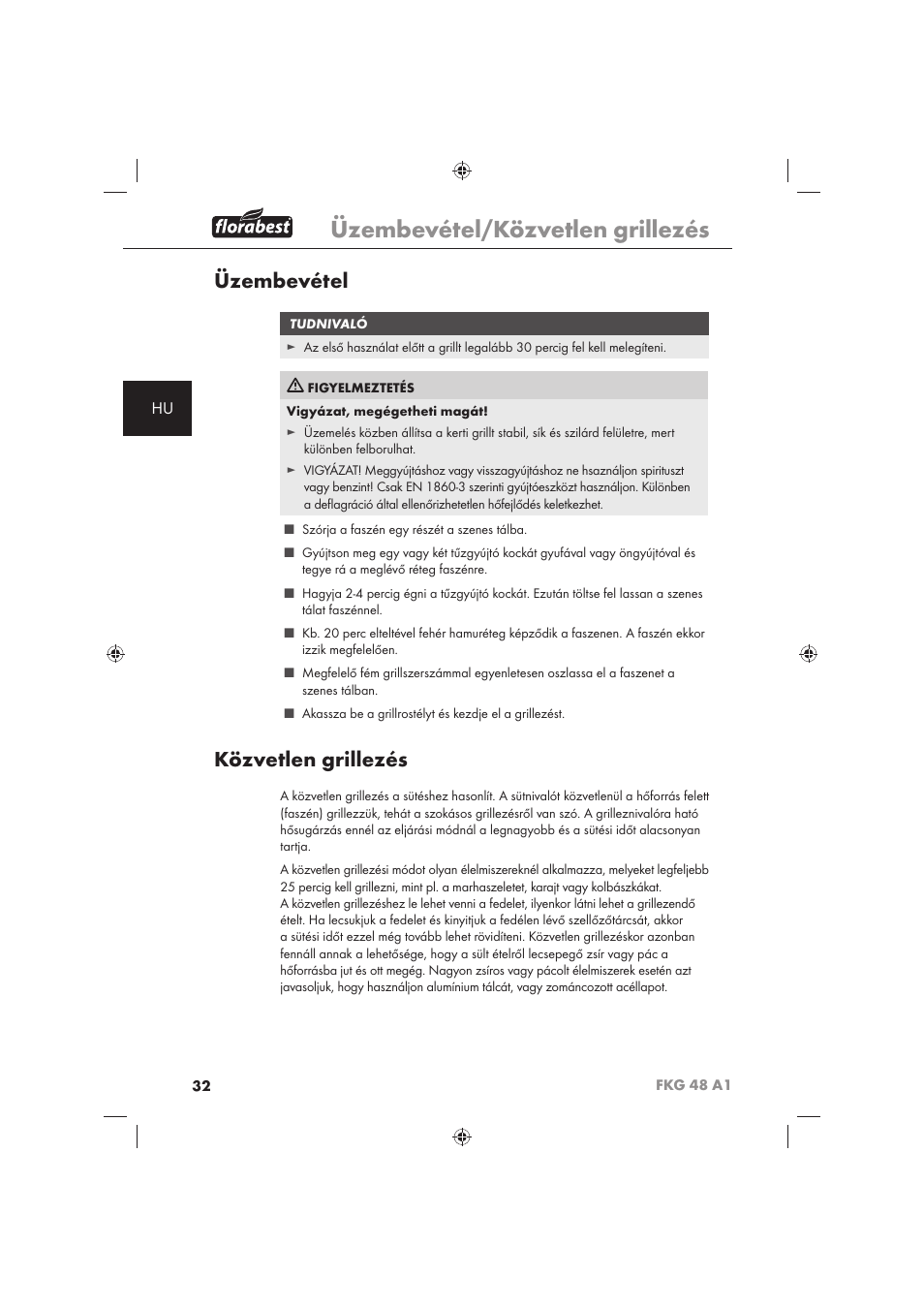 Üzembevétel/közvetlen grillezés, Üzembevétel, Közvetlen grillezés | Florabest FKG 48 A1 User Manual | Page 34 / 86