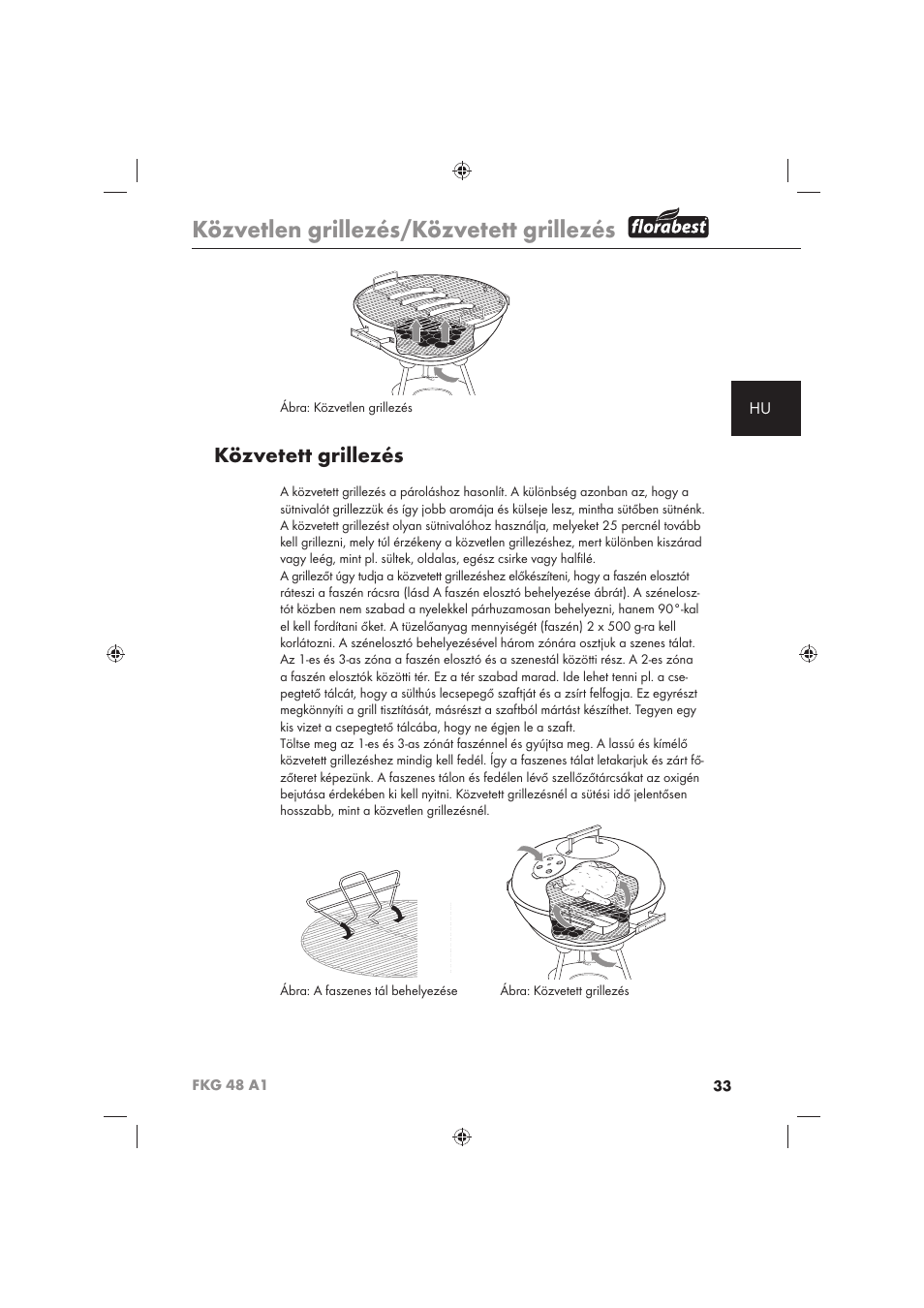 Közvetlen grillezés/közvetett grillezés, Közvetett grillezés | Florabest FKG 48 A1 User Manual | Page 35 / 86