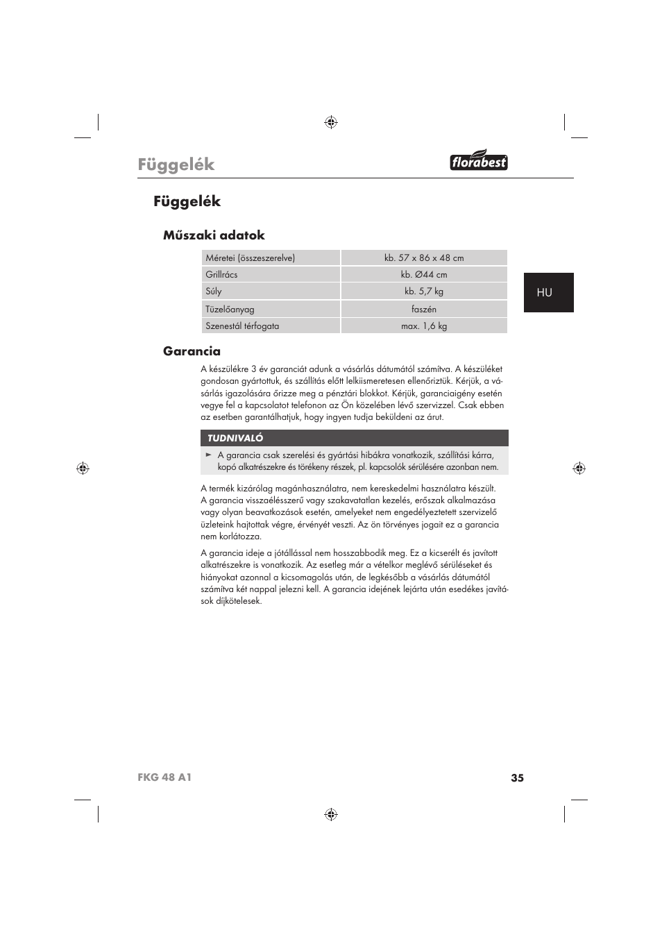 Függelék, Műszaki adatok, Garancia | Florabest FKG 48 A1 User Manual | Page 37 / 86