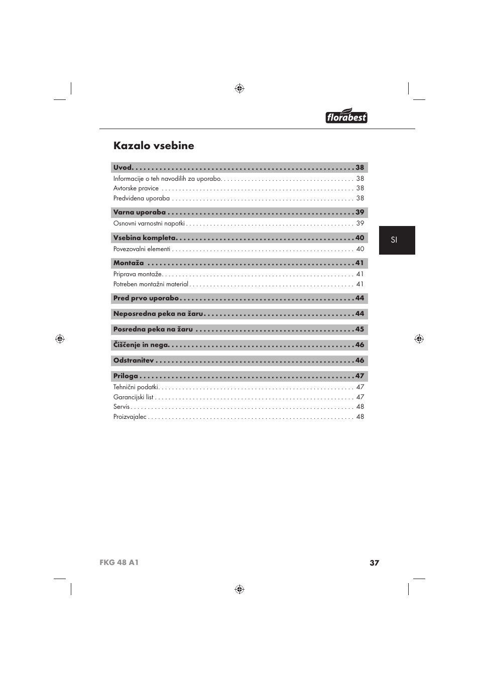 Kazalo vsebine | Florabest FKG 48 A1 User Manual | Page 39 / 86