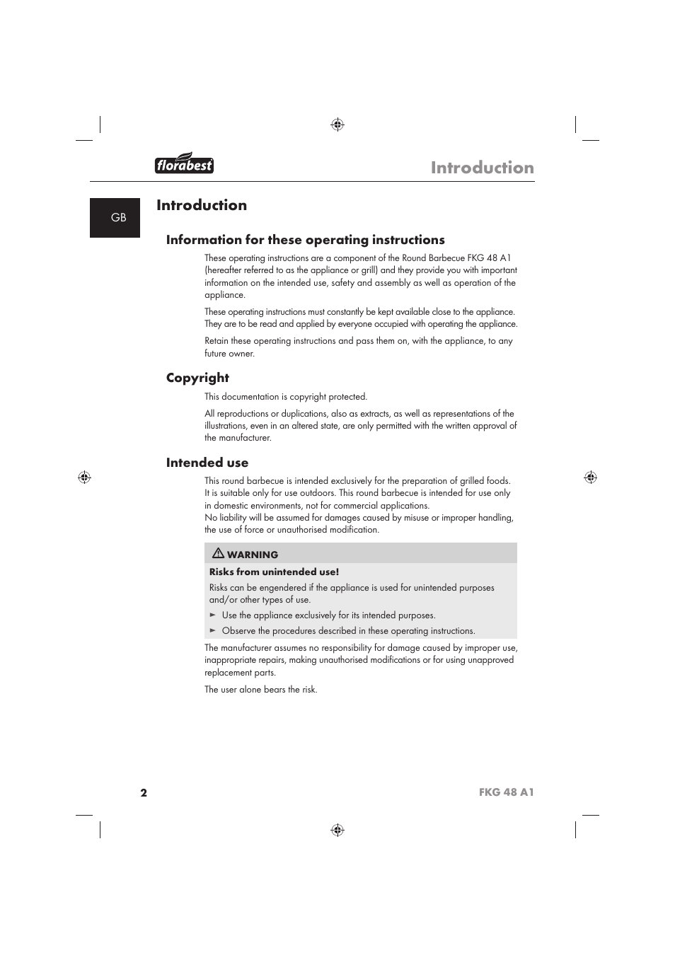 Introduction, Information for these operating instructions, Copyright | Intended use | Florabest FKG 48 A1 User Manual | Page 4 / 86