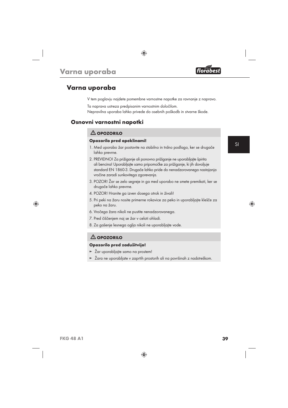 Varna uporaba, Osnovni varnostni napotki | Florabest FKG 48 A1 User Manual | Page 41 / 86