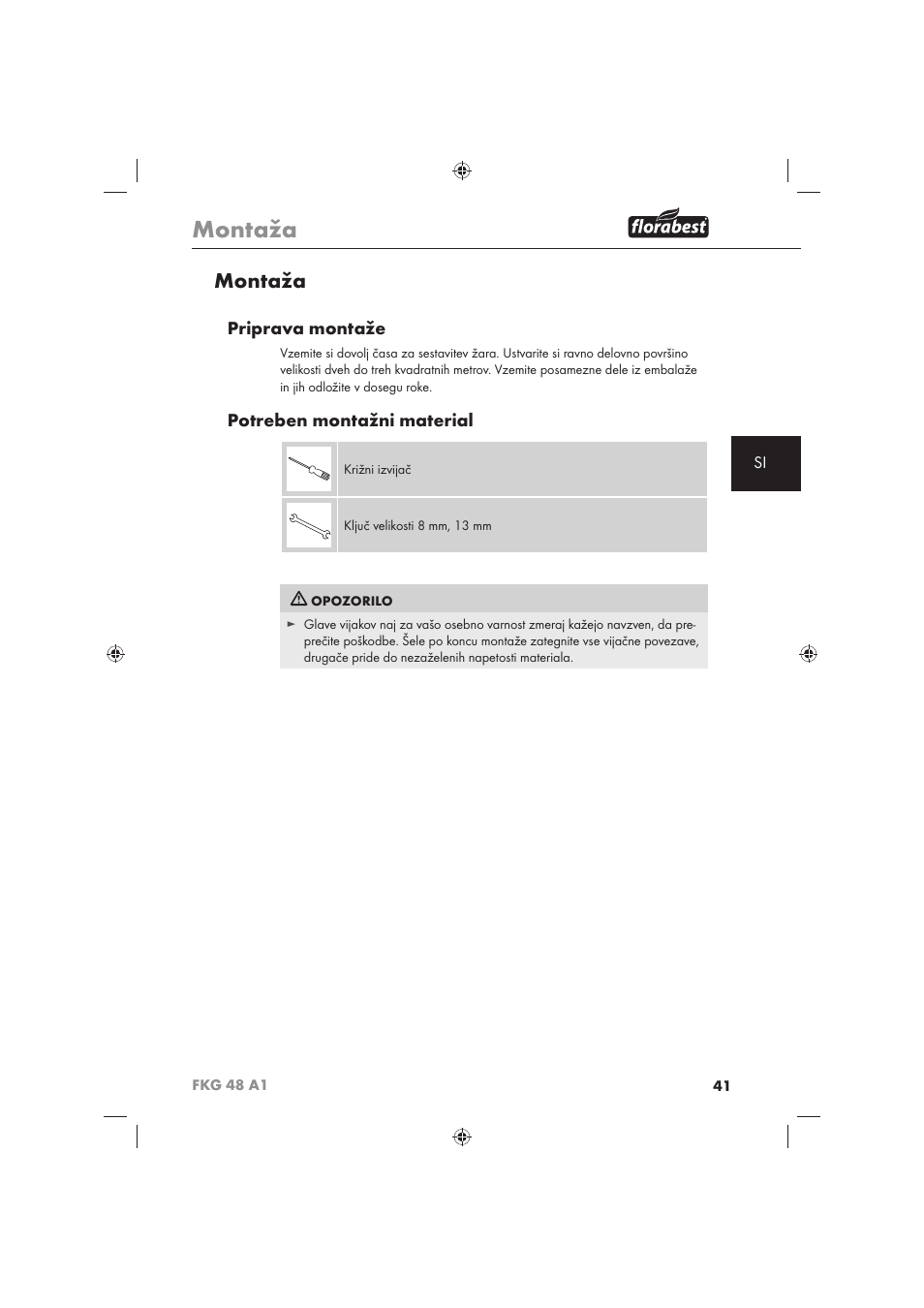 Montaža, Priprava montaže, Potreben montažni material | Florabest FKG 48 A1 User Manual | Page 43 / 86
