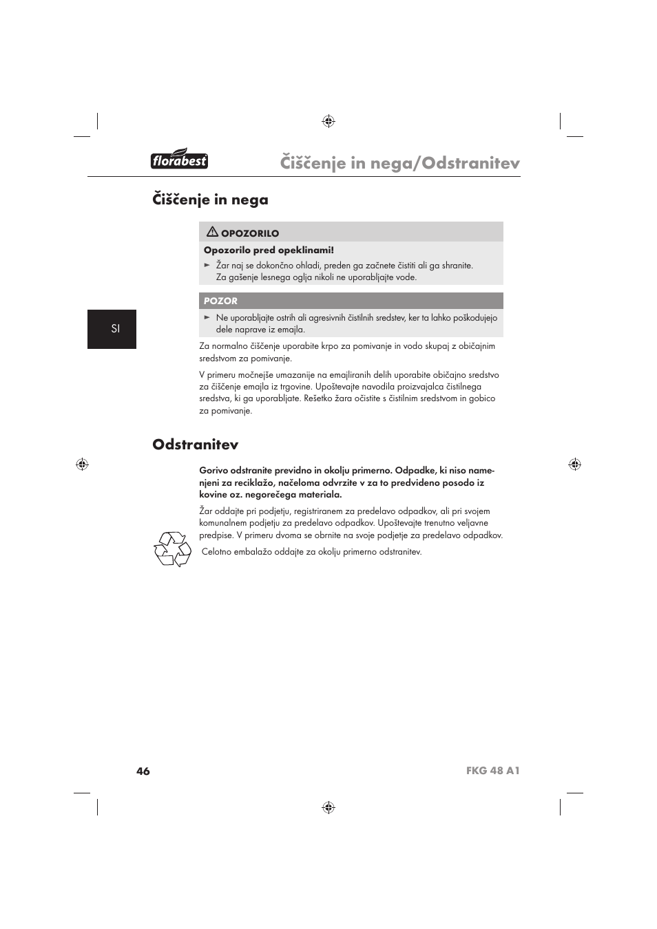 Čiščenje in nega/odstranitev, Čiščenje in nega, Odstranitev | Florabest FKG 48 A1 User Manual | Page 48 / 86
