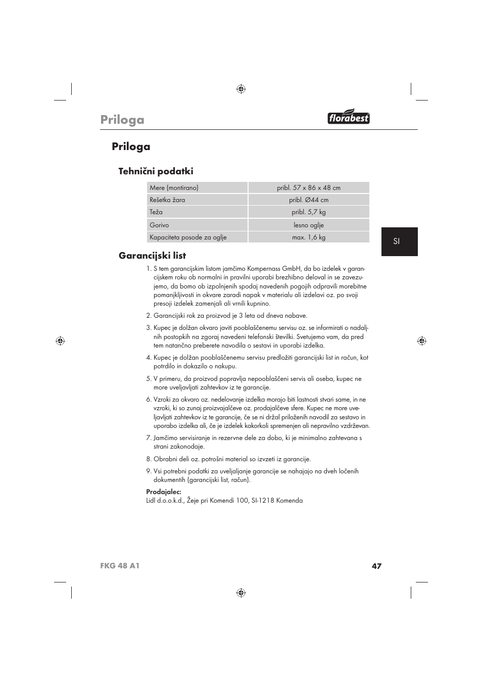 Priloga, Tehnični podatki, Garancijski list | Florabest FKG 48 A1 User Manual | Page 49 / 86