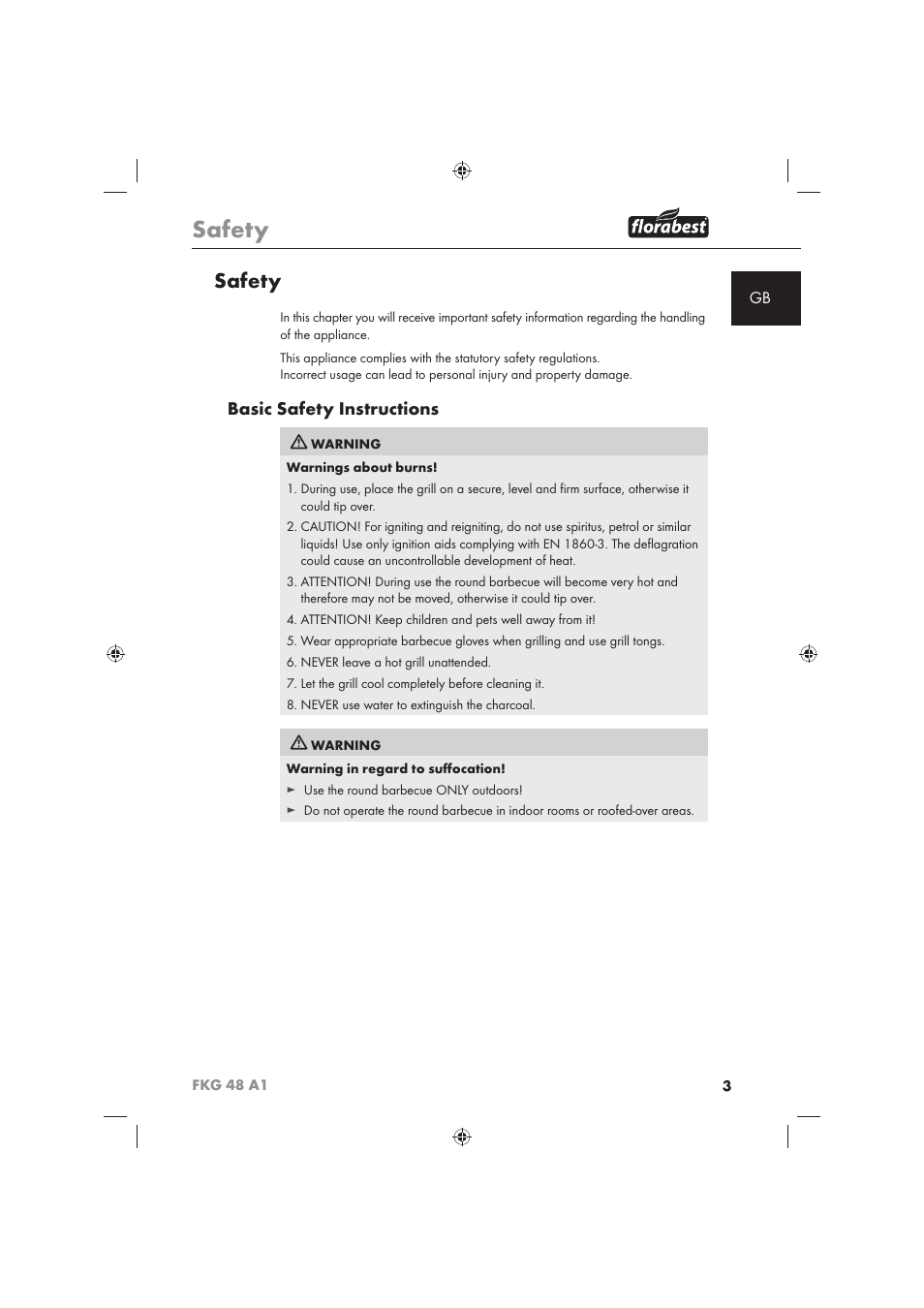 Safety, Basic safety instructions | Florabest FKG 48 A1 User Manual | Page 5 / 86