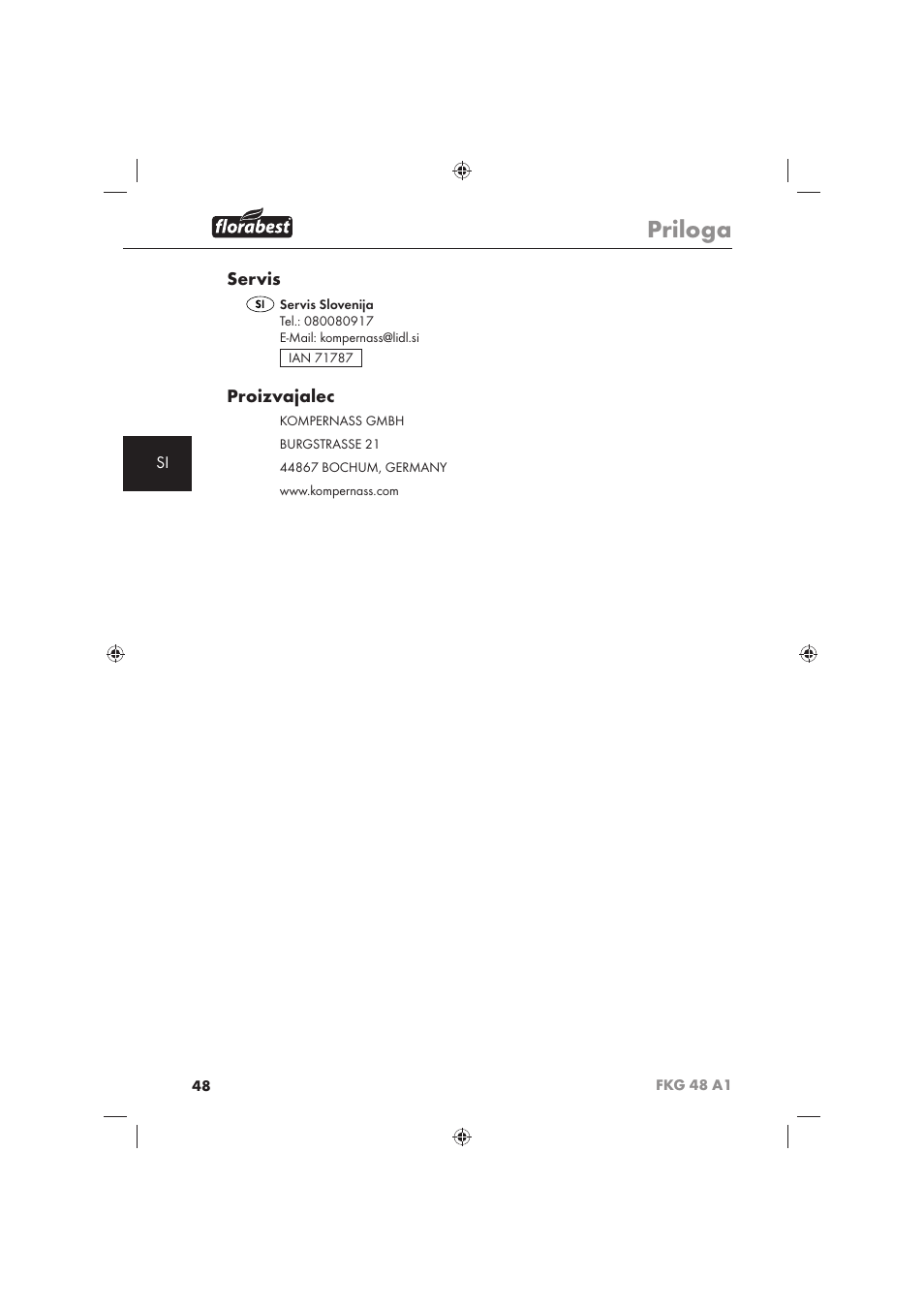 Priloga, Servis, Proizvajalec | Florabest FKG 48 A1 User Manual | Page 50 / 86
