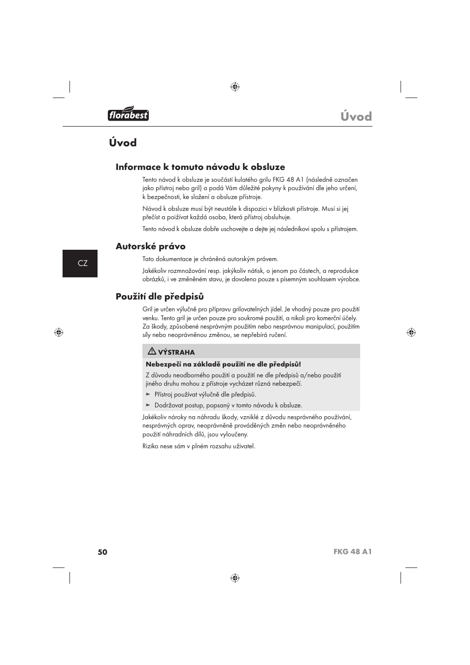 Úvod, Informace k tomuto návodu k obsluze, Autorské právo | Použití dle předpisů | Florabest FKG 48 A1 User Manual | Page 52 / 86