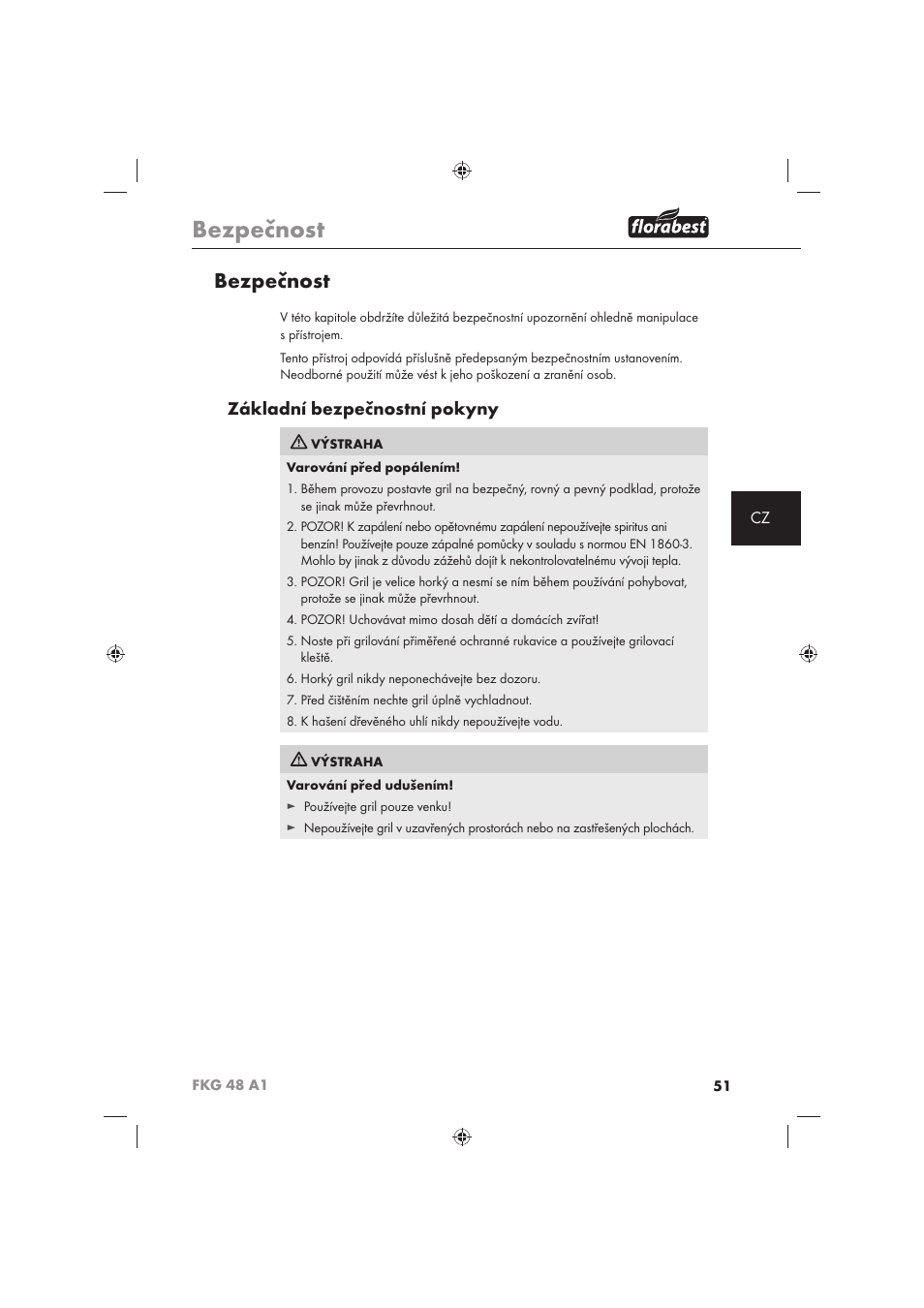 Bezpečnost, Základní bezpečnostní pokyny | Florabest FKG 48 A1 User Manual | Page 53 / 86